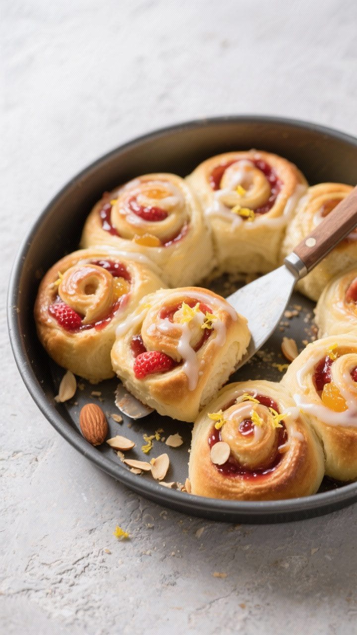 Final dish presentation: Beautifully plated warm sweet rolls in a round baking pan, lightly golden t