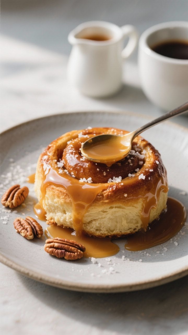 Final dish presentation: Beautifully plated warm sticky bun on a matte ceramic dessert plate, genero