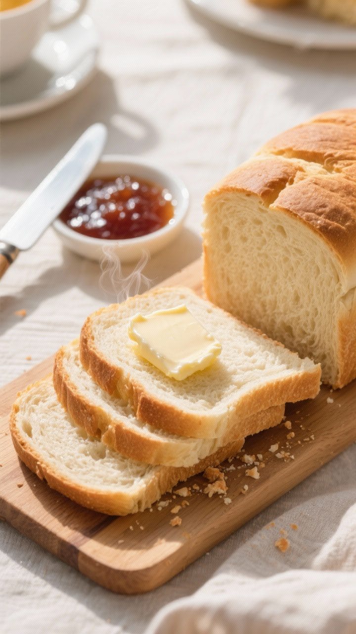 Final dish presentation: Beautifully sliced milk bread on a wooden board—neat, even slices reveali
