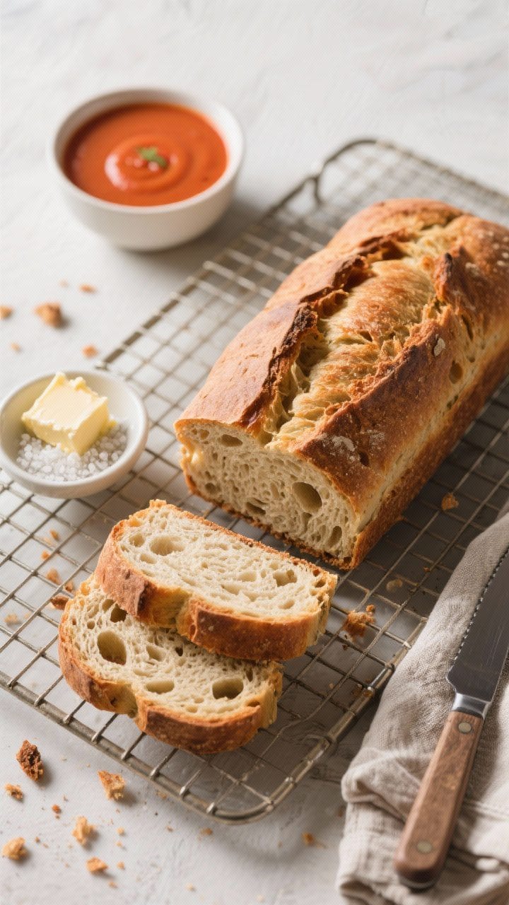 Final dish presentation: Overhead, restaurant-quality spread of the finished loaf sliced on a coolin