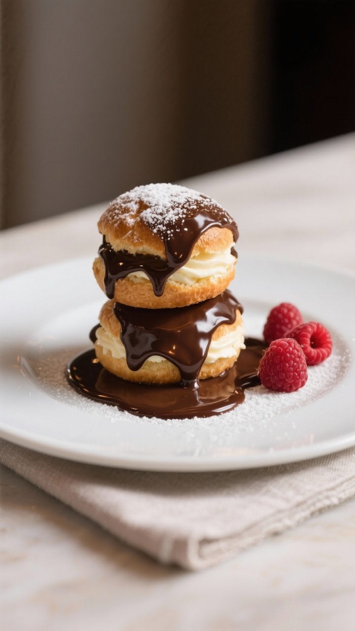 Final dish presentation: Restaurant-quality plate of three stacked profiteroles filled with vanilla 
