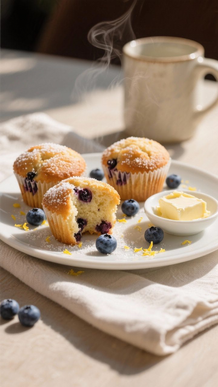 Final dish presentation: Restaurant-quality scene of three blueberry muffins on a matte white plate