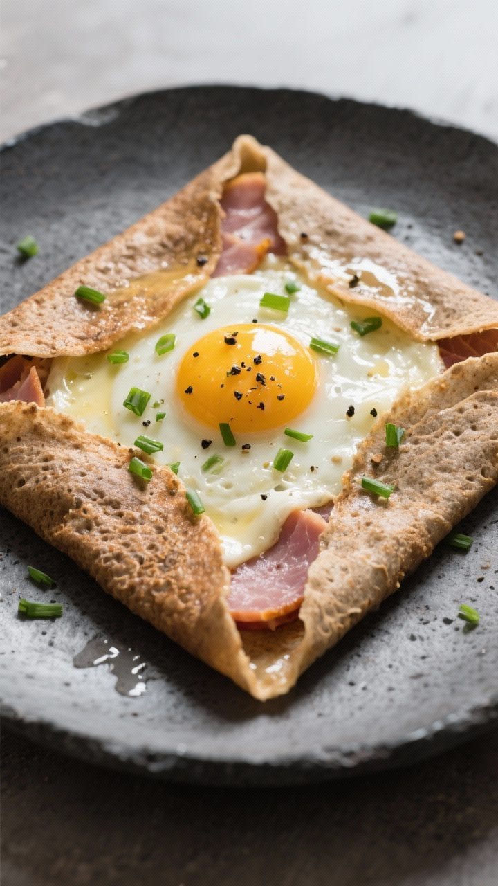 Final dish presentation: Savory buckwheat-style crepe (galette) with ham, melty Gruyère, and a sunn