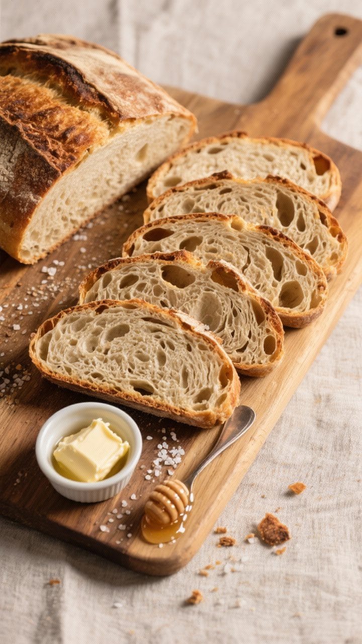 Final dish presentation: Tasty top view of thick slices of the finished loaf arranged on a wooden bo
