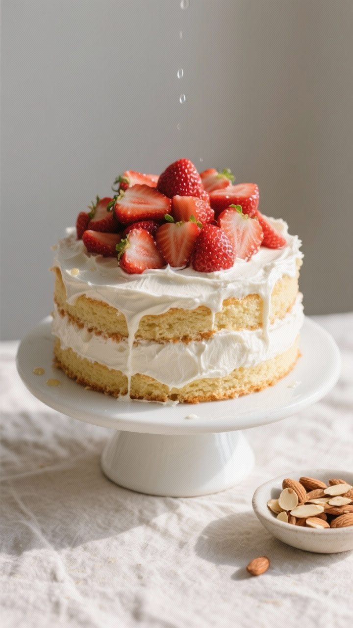 Final dish — rustic frosted layer cake: Three-quarter angle shot of the fully assembled strawberry