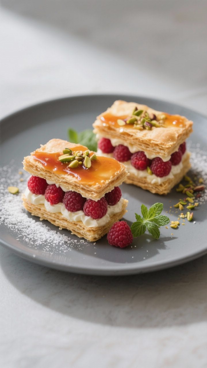 Final plated dish: Elegant dessert presentation of two Raspberry Cream Napoleons on a matte slate-gr