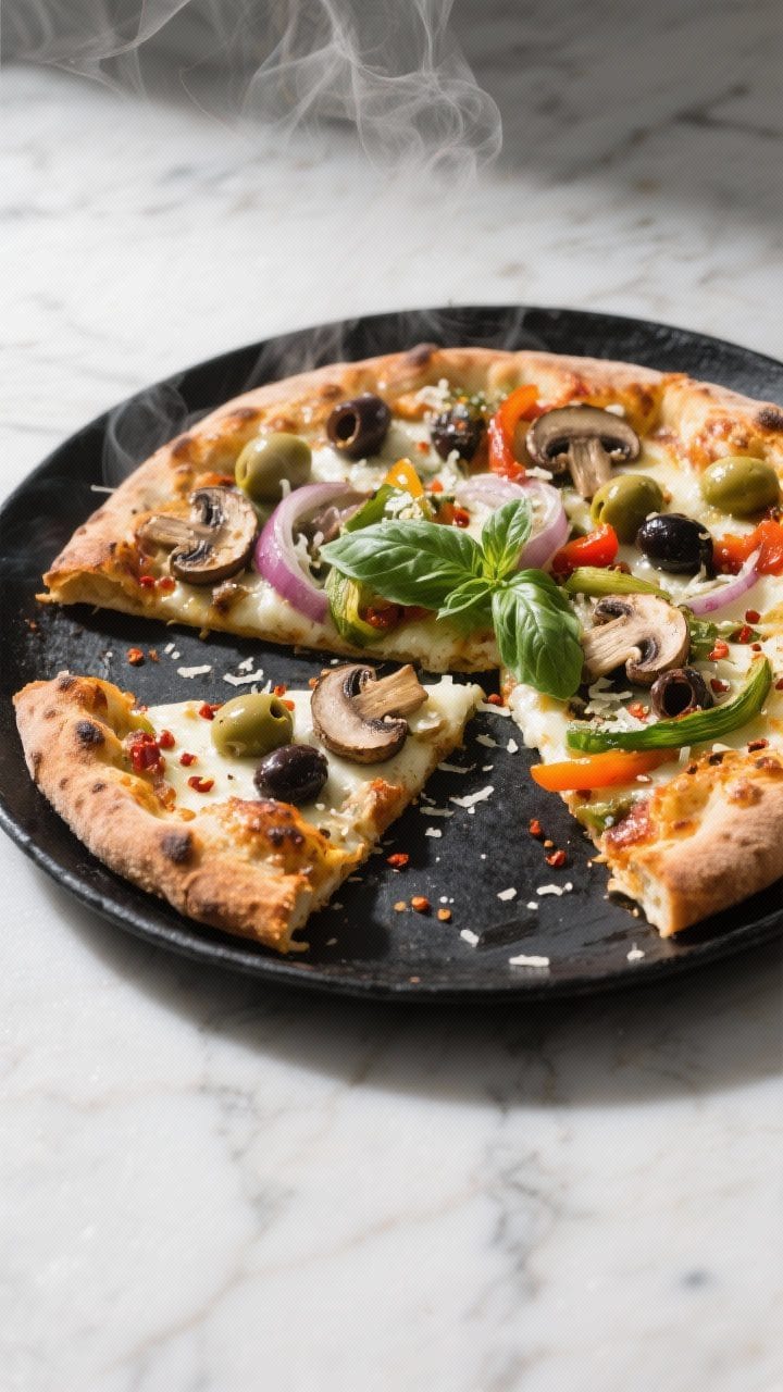 Final plated presentation: Restaurant-quality top-down hero shot of a sliced veggie-packed pie on a 
