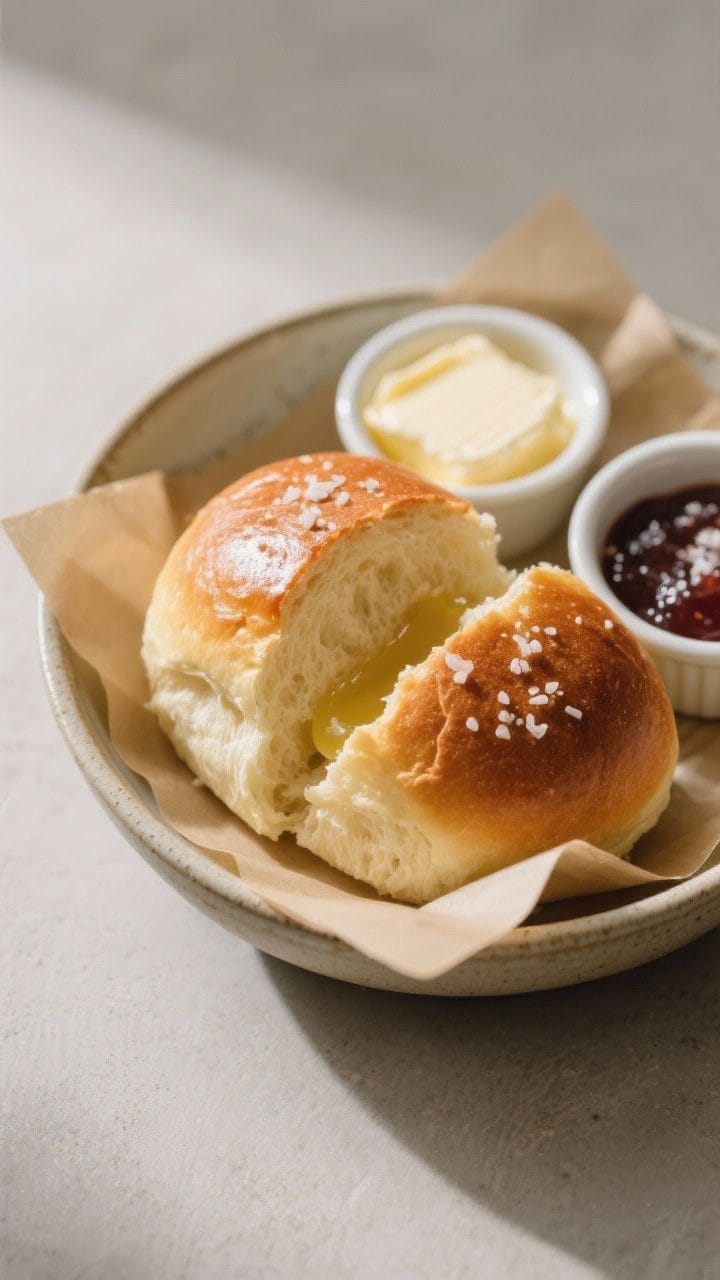 Final plated restaurant-quality presentation: Split-open dinner roll with ultra-soft, airy crumb, br