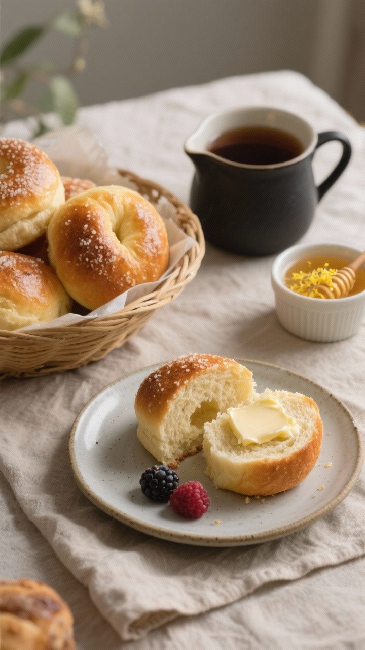 Final presentation: A tea-time spread featuring a basket of lightly golden sugar buns with a delicat