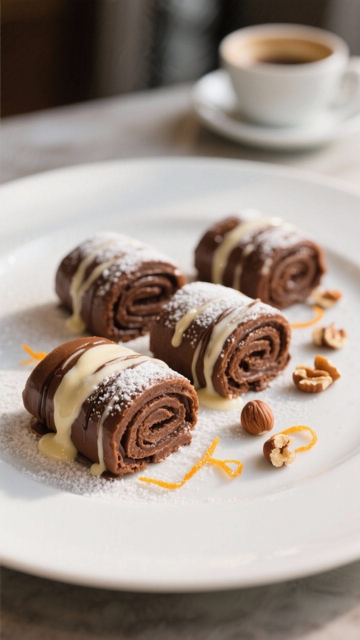 Final presentation: Restaurant-quality plating of three warm chocolate sweet rolls on a matte white 