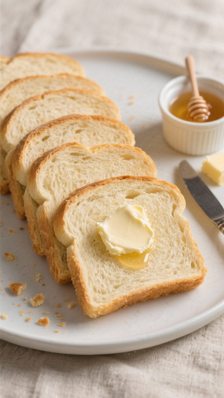 Final presentation shot of thick, even slices of the golden white bread arranged fanned-out on a mat