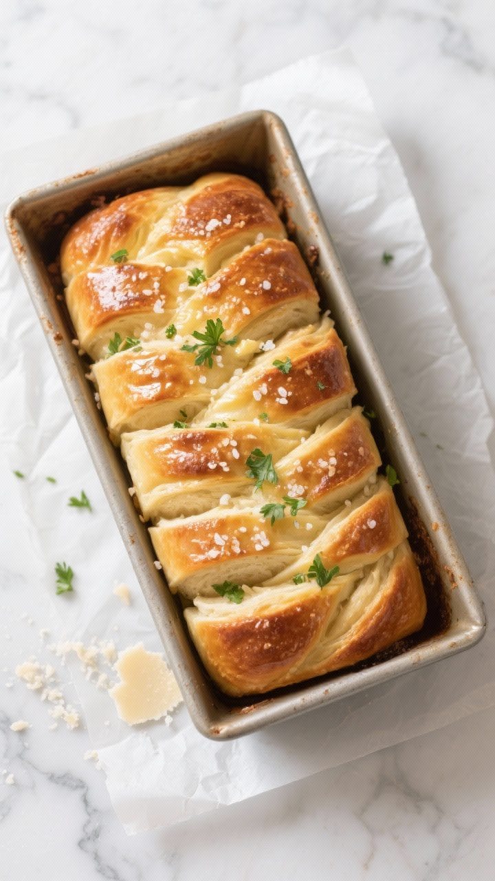 Overhead “tasty top view” of the finished pull-apart garlic bread in a 9×5-inch loaf pan just o
