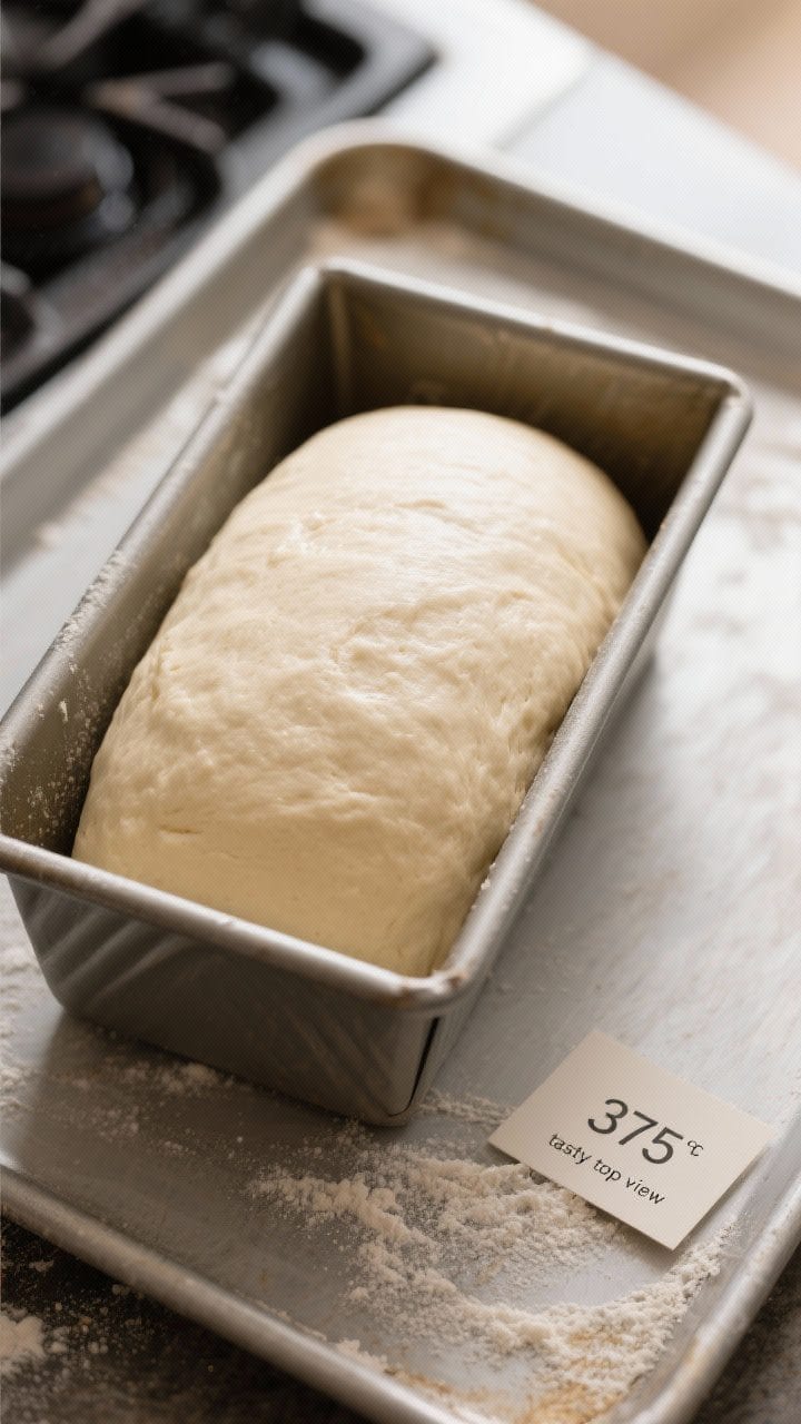 Overhead “tasty top view” of the loaf after the second rise, perfectly shaped and crowned about 