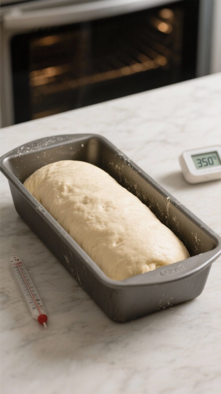 Process action shot (no people visible): Shaped dough log placed seam-side down in a greased 9x5-inc