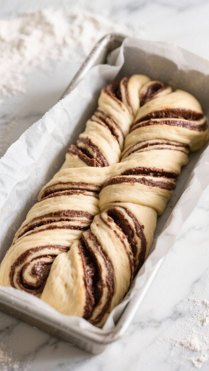 Process shot of the assembled twist just before the second rise: two long, lengthwise-cut strands of