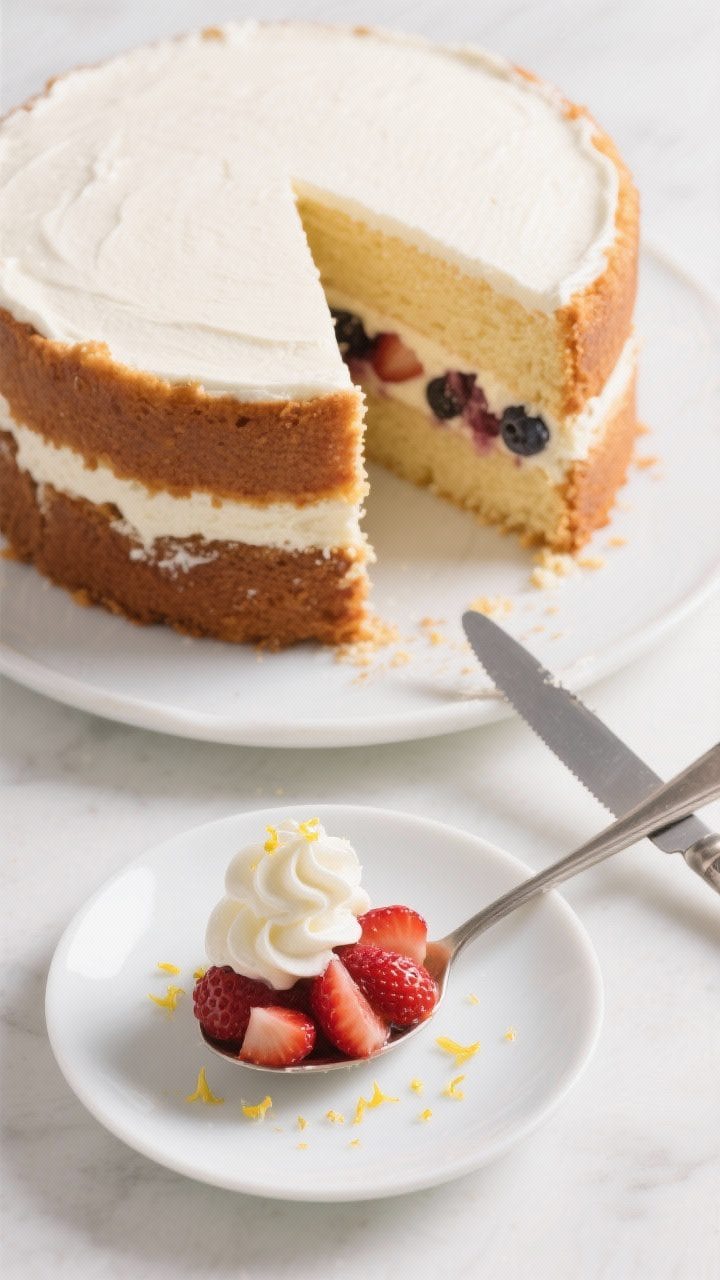 Tasty top view — clean slices for serving: Overhead shot of the cake partially sliced, revealing d