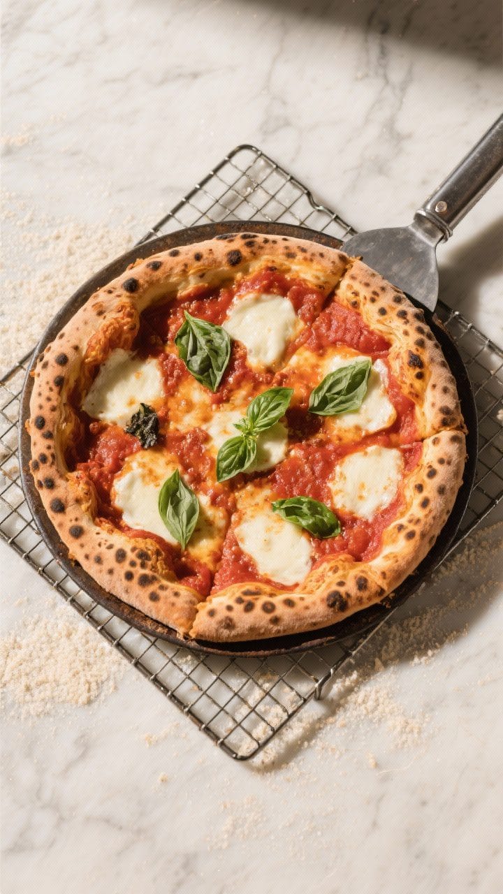 Tasty top view: Overhead shot of a 12–14 inch pizza just out of the oven on a preheated pizza stee