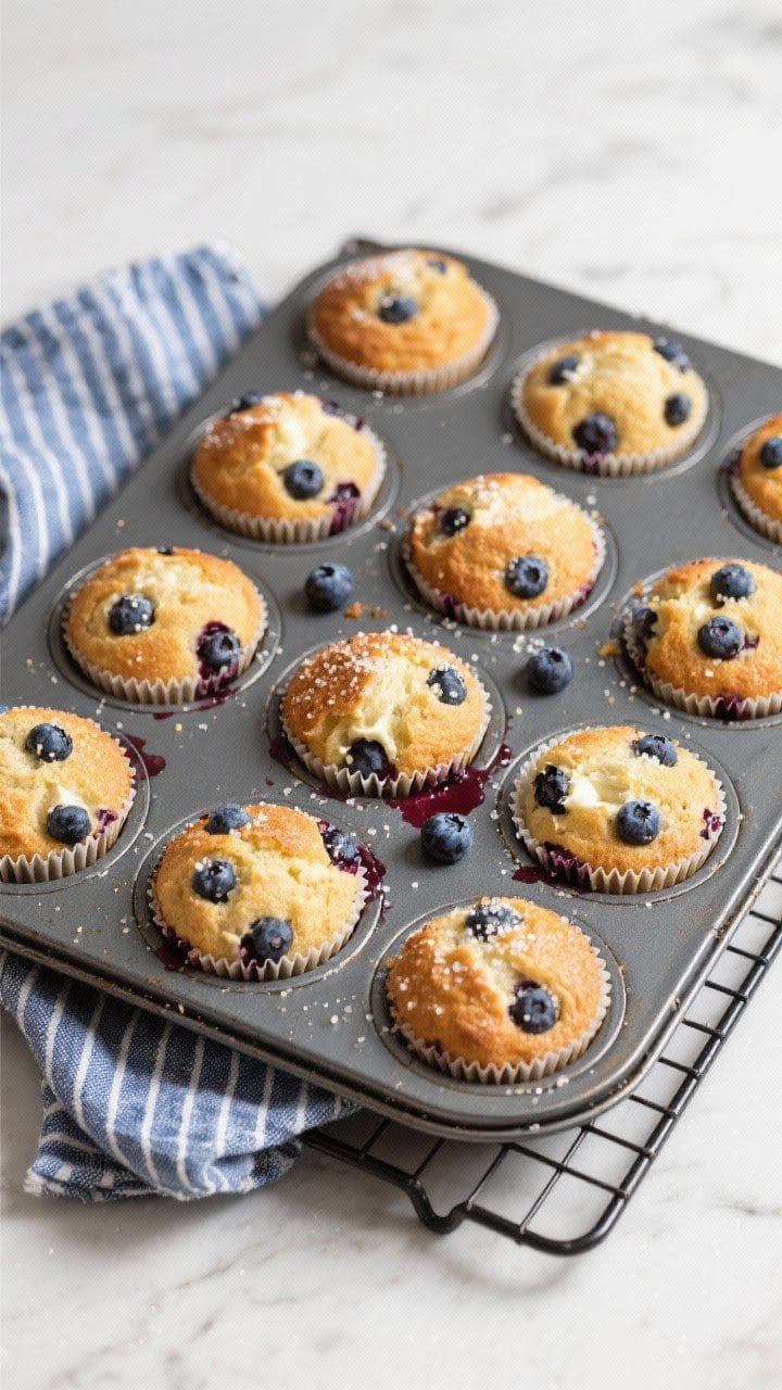 Tasty top view: Overhead shot of a 12-cup muffin pan just out of the oven, each liner holding a tall