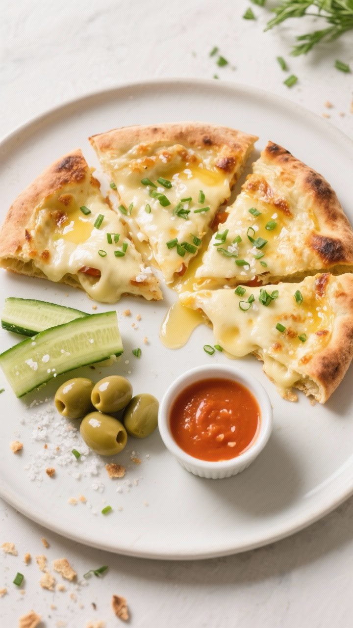Tasty top view: Overhead shot of a finished cheese-stuffed flatbread cut into wedges, cheese still s