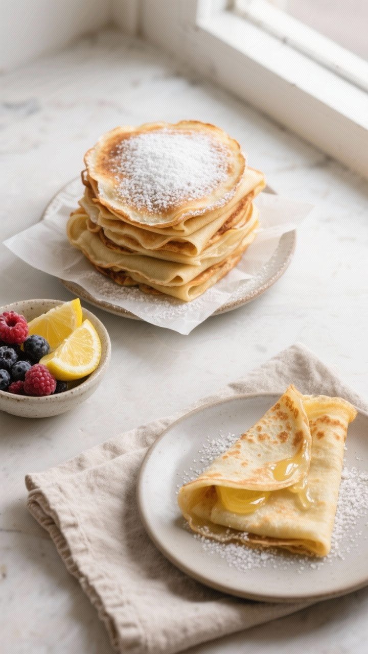 Tasty top view: Overhead shot of a stack of warm crepes layered with parchment squares, lightly dust