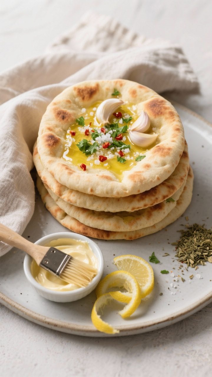Tasty top view: Overhead shot of a warm stack of garlic flatbreads on a matte ceramic platter, each 