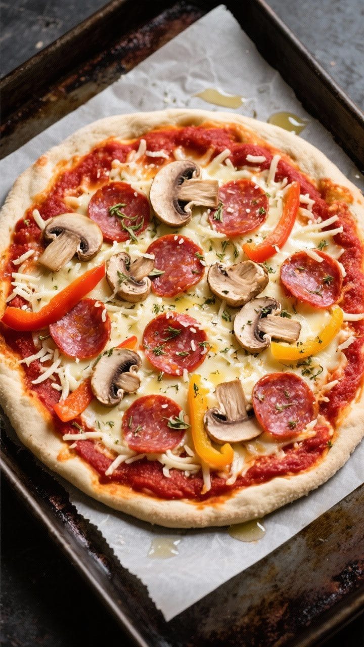 Tasty top view: Overhead shot of the assembled pizza just before final bake—thin layer of bright r