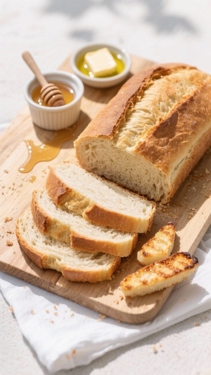 Tasty top view: Overhead shot of the final loaf sliced for serving—neatly cut slices fanned on a w