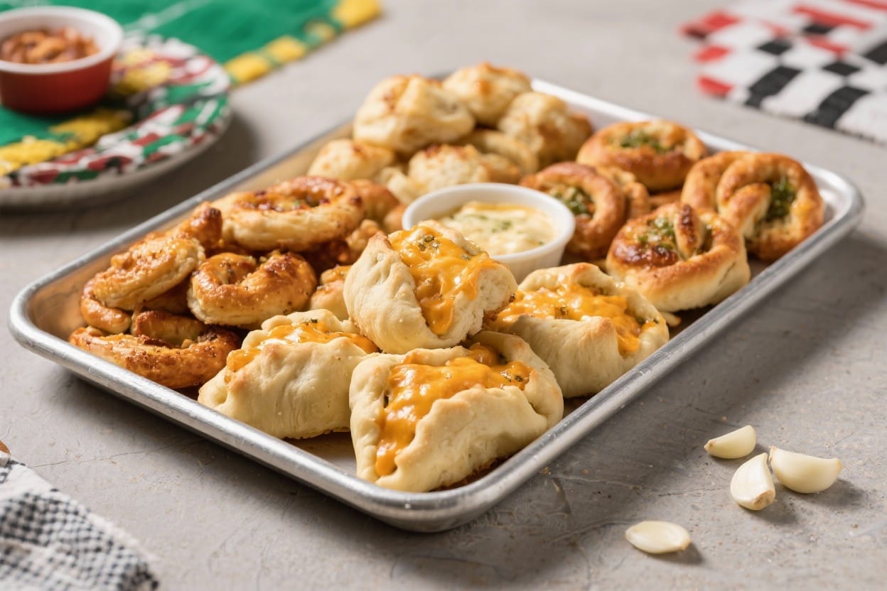 Game night dough snacks - Think soft pull-apart bites, cheesy pockets, and garlicky knots all in one tray-friendly format