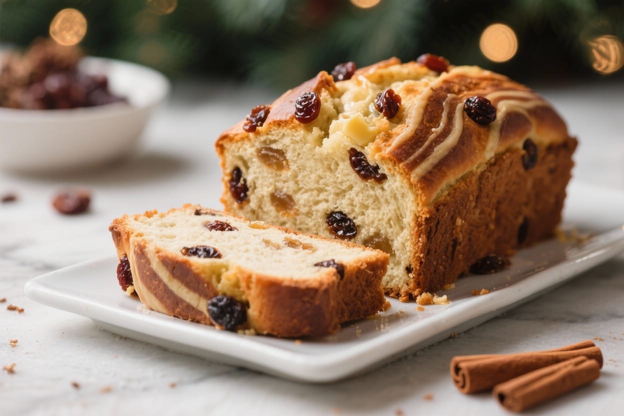 Holiday dessert bread recipe - It’s soft, lightly sweet, and full of warm spice, with pops of dried fruit and a buttery cinnamon sw