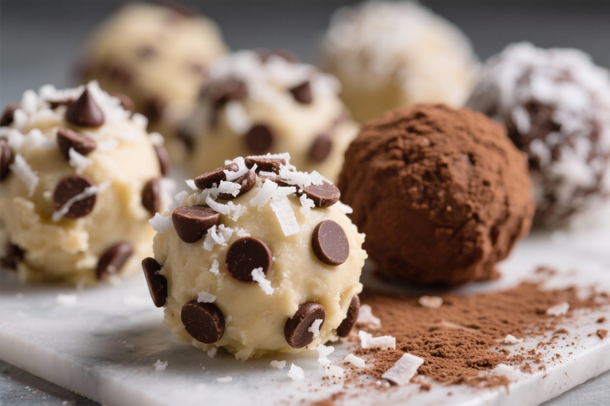 No bake dough dessert balls - You can roll them in chocolate chips, coconut, or even a cocoa dusting to make them feel extra fancy