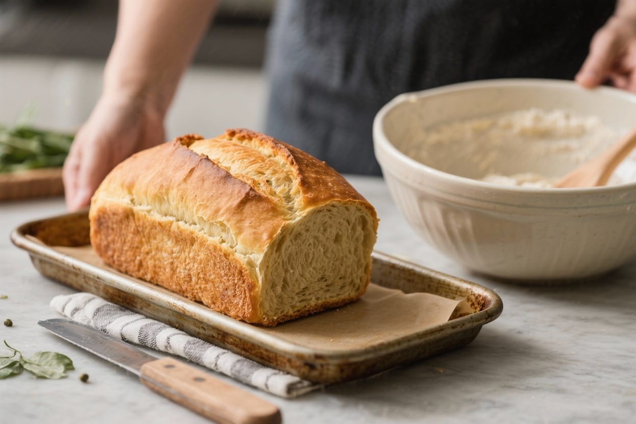 One pan bread recipe - This one pan bread recipe gives you a golden loaf with a chewy interior using just one bowl and the