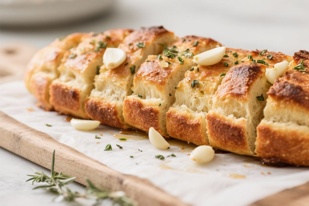 Pull apart garlic bread recipe - This version is soft inside, crispy on the edges, and loaded with garlicky, herby flavor