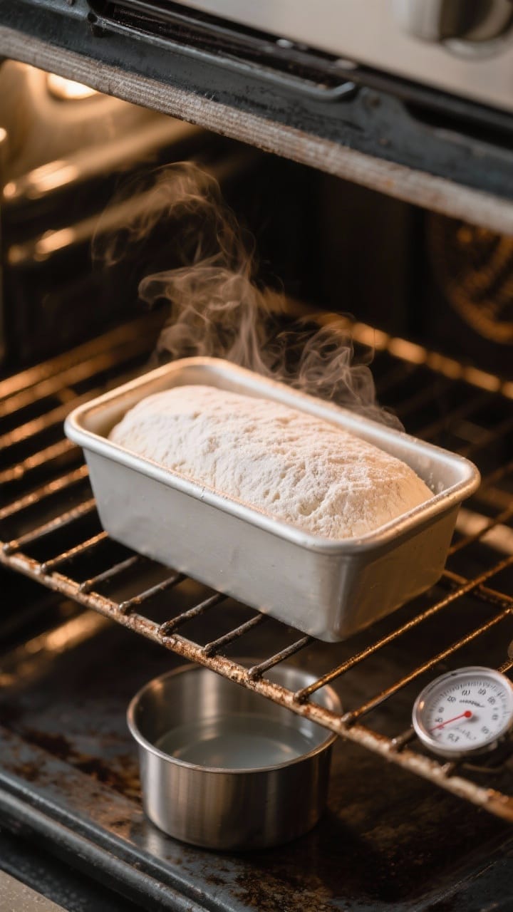 5-inch greased loaf pan, surface taut and smooth with a light flour kiss; preheated oven visible wit
