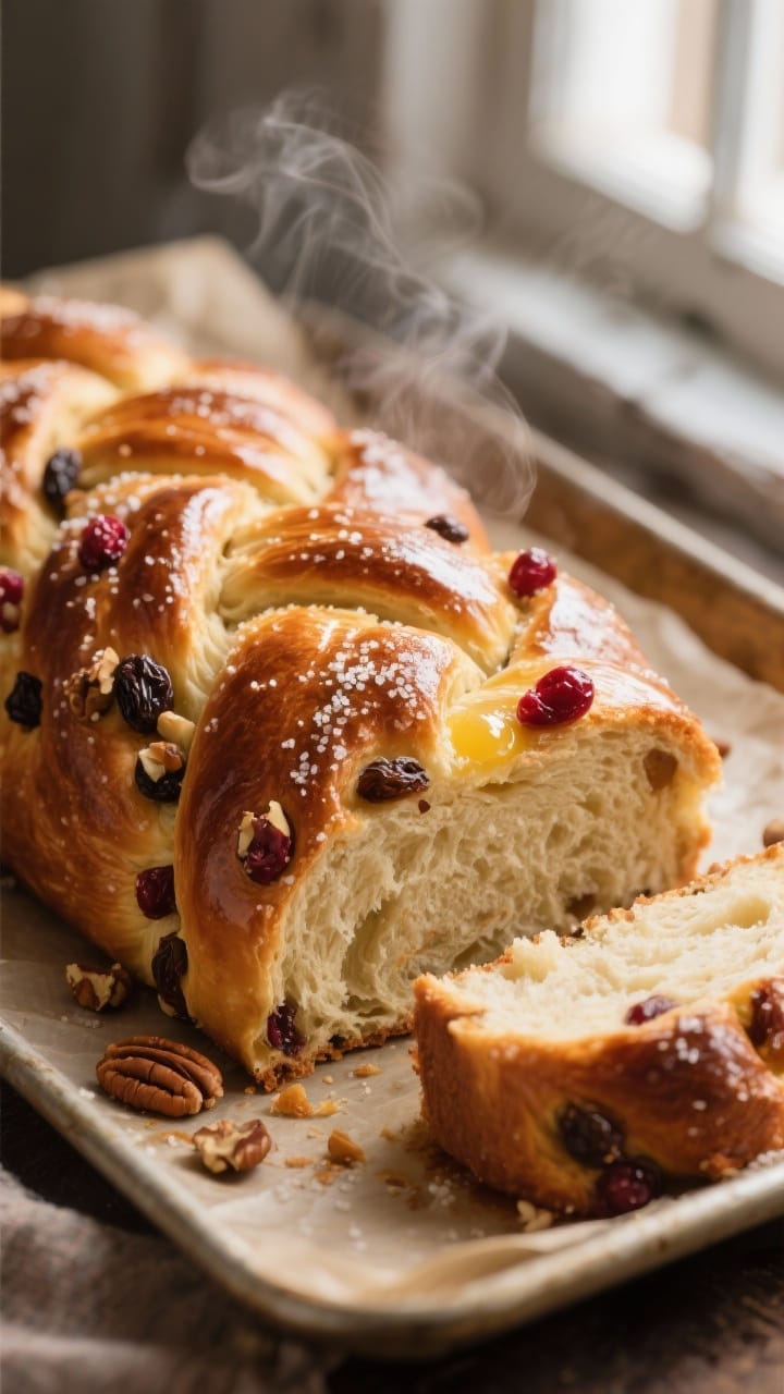 Close-up detail: A freshly baked, braided holiday dessert bread just out of the oven, deep golden cr