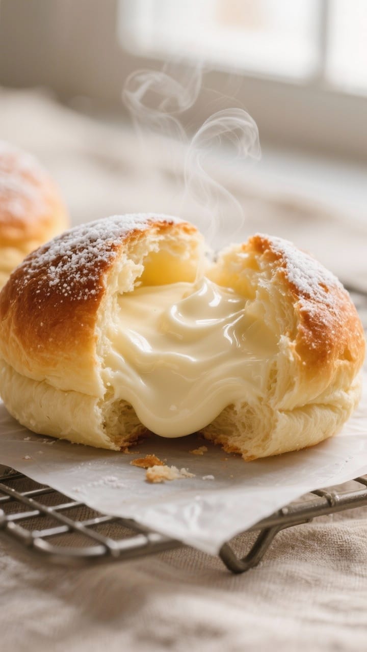 Close-up detail: A freshly baked cream-filled pastry bun torn open to reveal a lush, glossy vanilla 