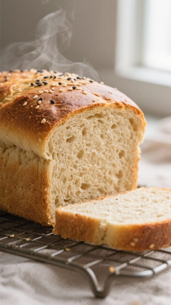 Close-up detail: A freshly baked gluten-free sandwich bread loaf just out of the pan, golden-brown c