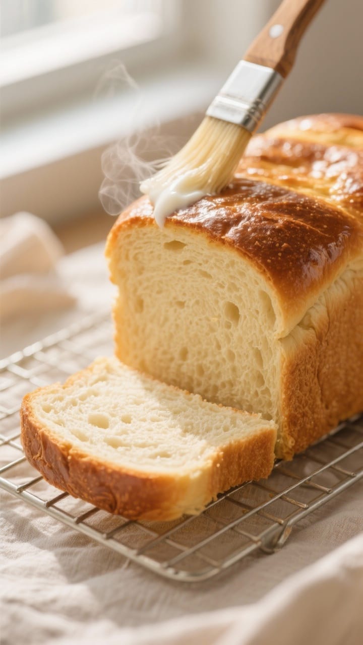 Close-up detail: A golden, freshly baked sandwich loaf just out of the pan, crust gleaming from a mi