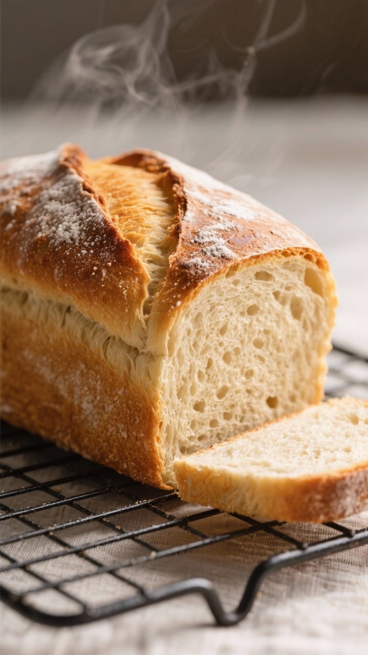 Close-up detail: A just-baked, golden-brown everyday loaf on a wire rack, crust blistered with micro