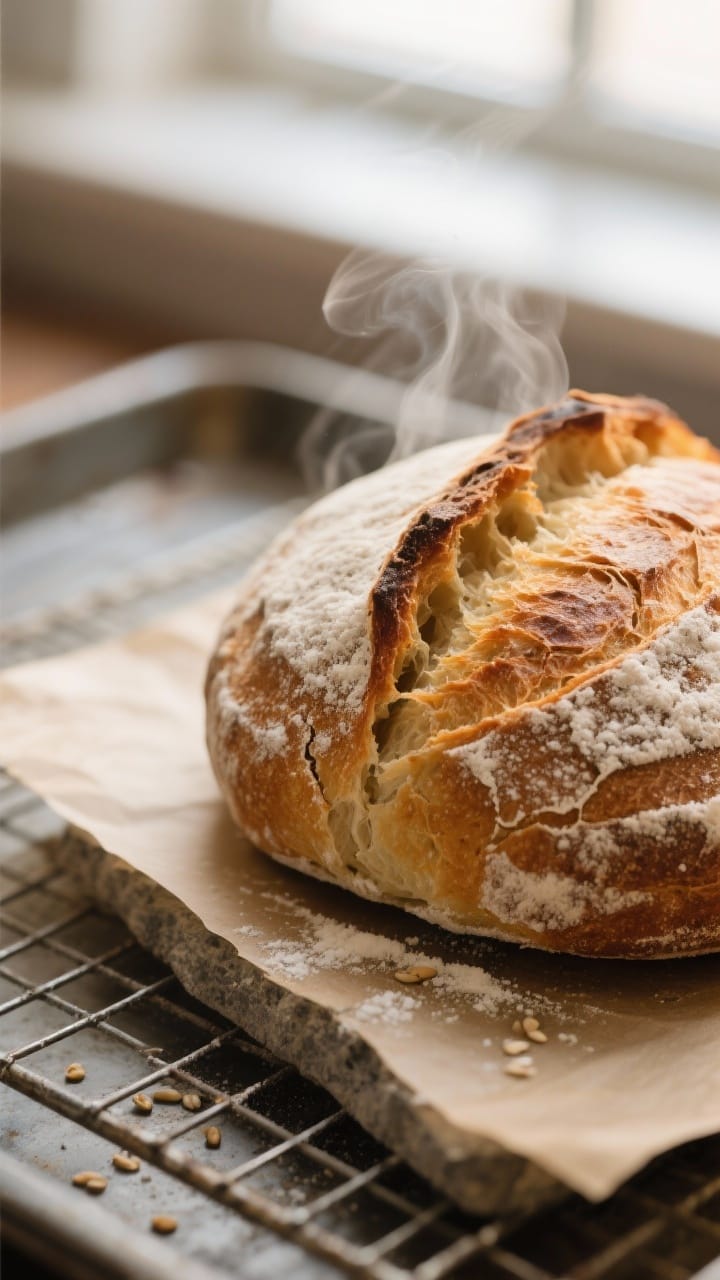 Close-up detail: A just-baked rustic loaf (boule) with deep golden crust and a single clean slash, c