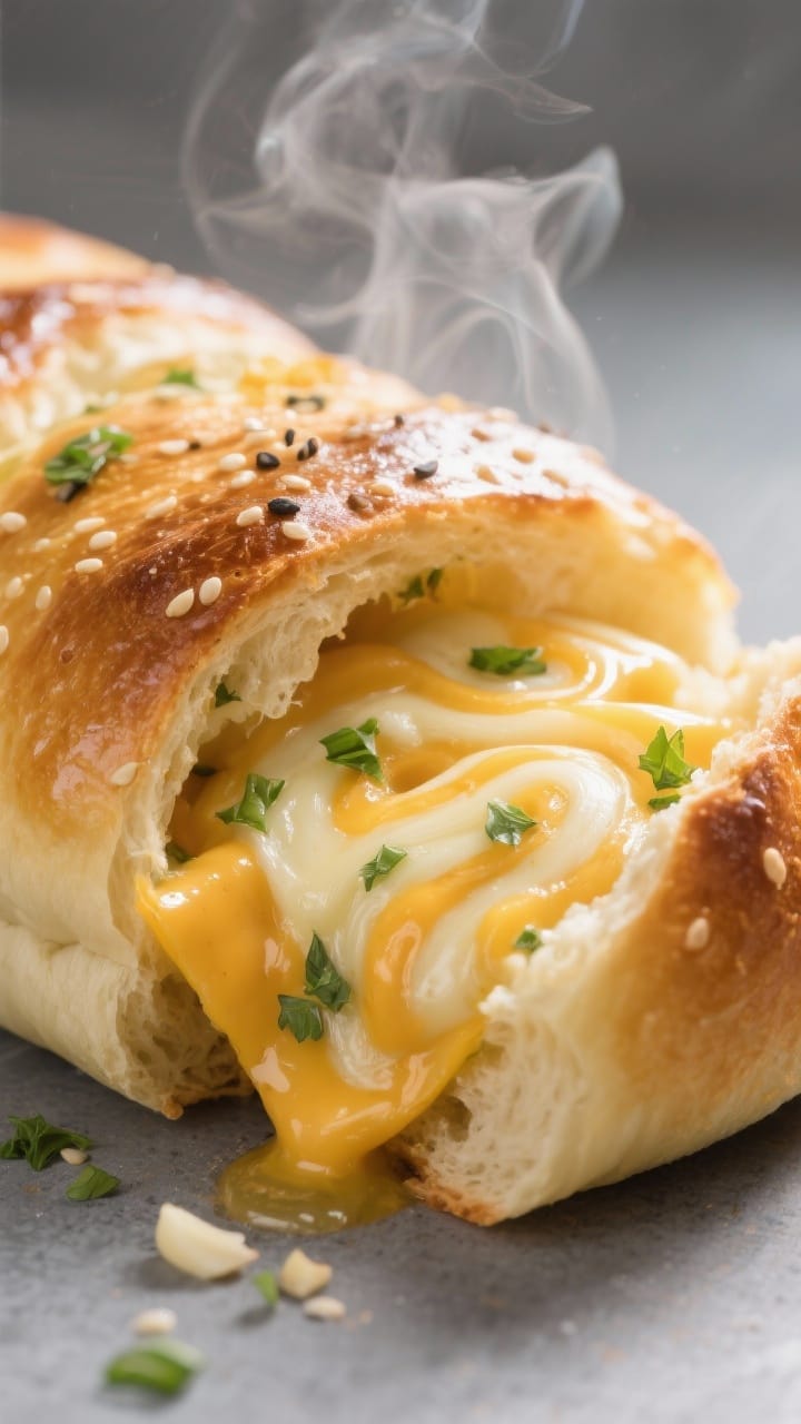 Close-up detail: A just-baked savory roll torn open to reveal gooey melted cheddar-mozzarella swirls
