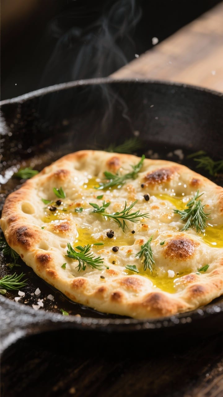 Close-up detail: A just-cooked herb flatbread on a hot cast-iron skillet, bubbles and golden brown b