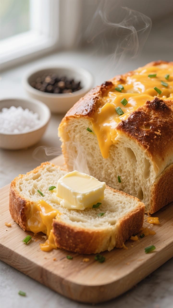 Close-up detail: A just-sliced loaf of quick cheese bread without yeast, crust deep golden with extr