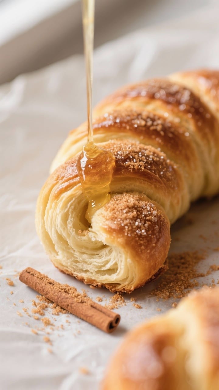 Close-up detail: A warm, freshly baked sweet dough twist being brushed with melted butter and rolled