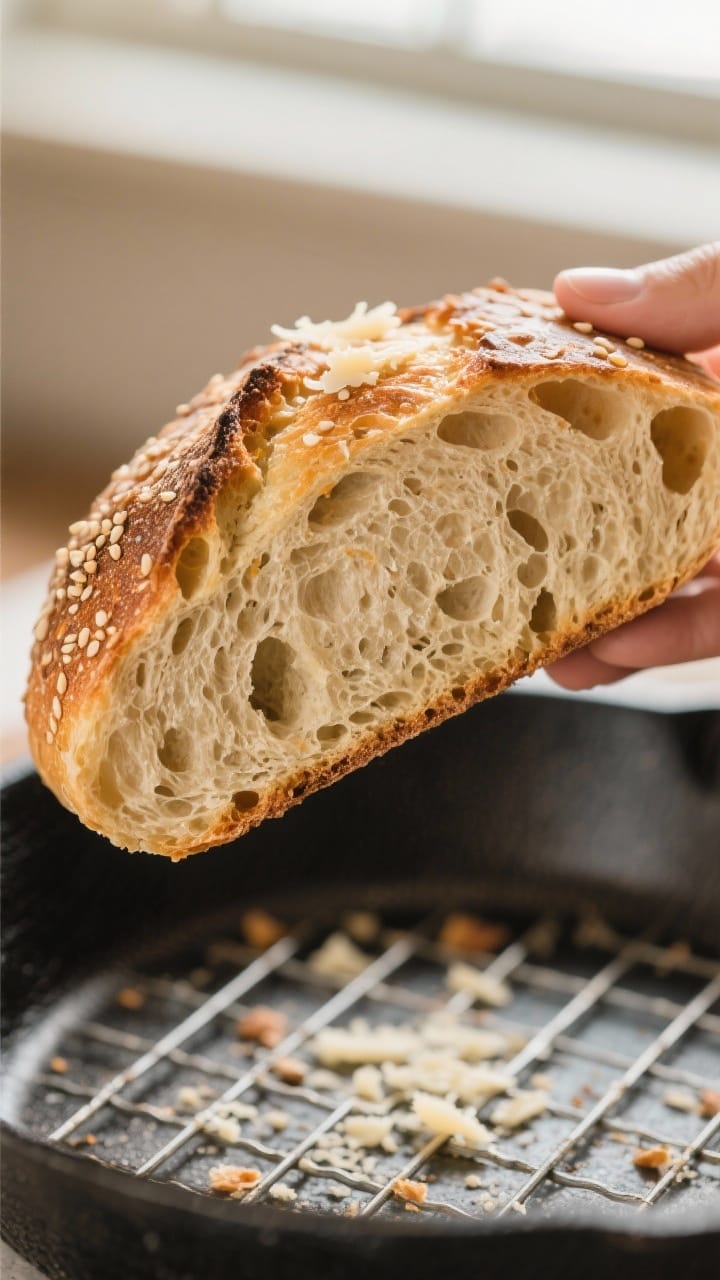 Close-up detail — crust and crumb: Macro close-up of a freshly baked skillet bread slice being hel