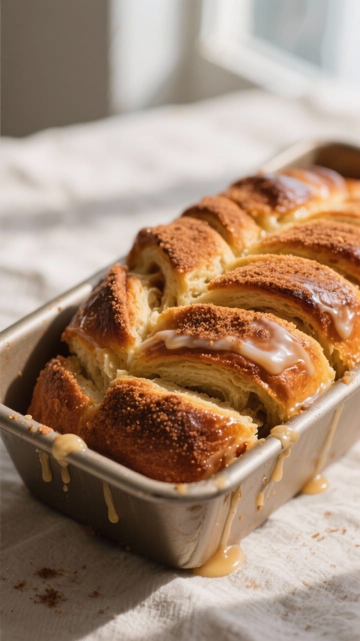 Close-up detail: freshly baked sweet pull-apart bread just out of the loaf pan, deep golden-brown cr