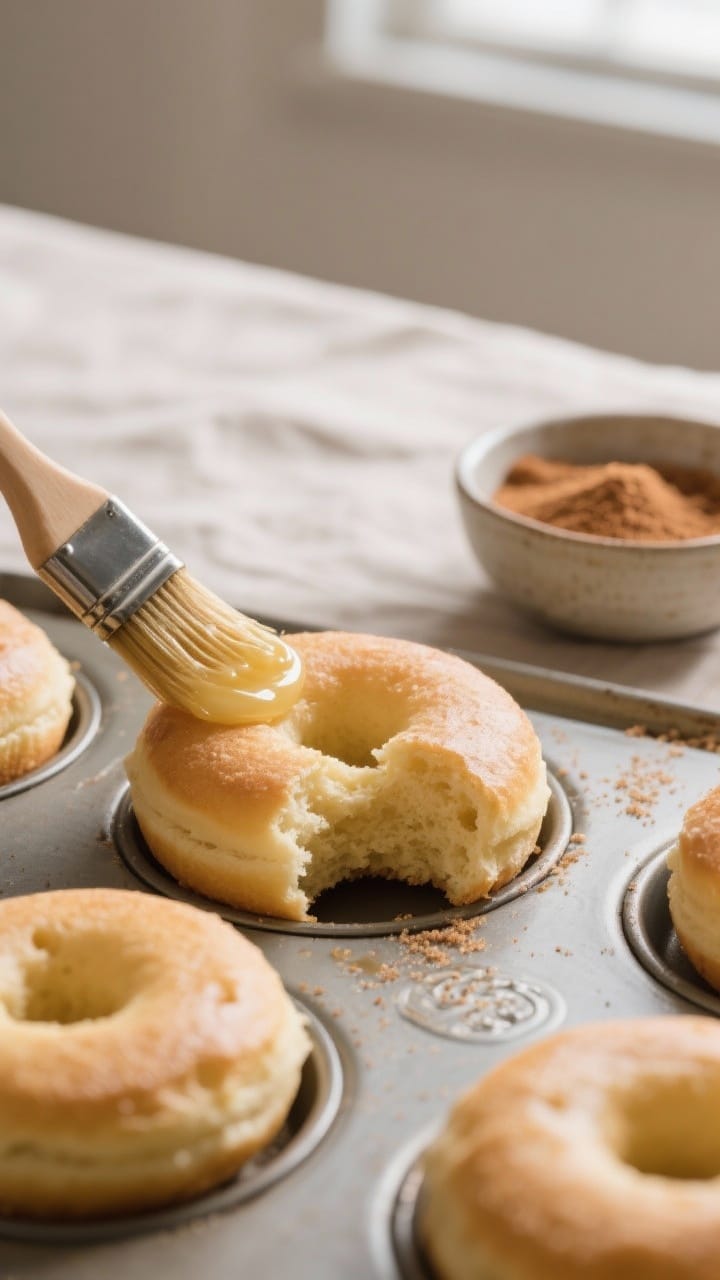 Close-up detail: freshly baked vanilla donuts just out of the pan, pale golden with a tender crumb a