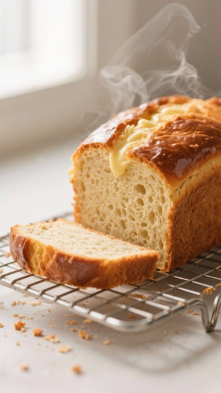 Close-up detail: Golden-brown loaf just out of the oven on a wire rack, butter-brushed crust glisten
