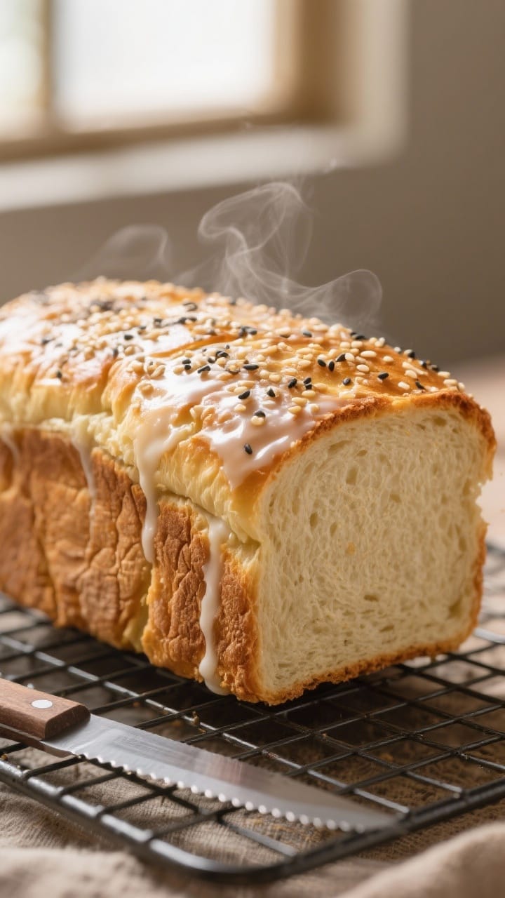 Close-up detail: Golden, freshly baked sandwich loaf just out of the pan, crust glistening from a li