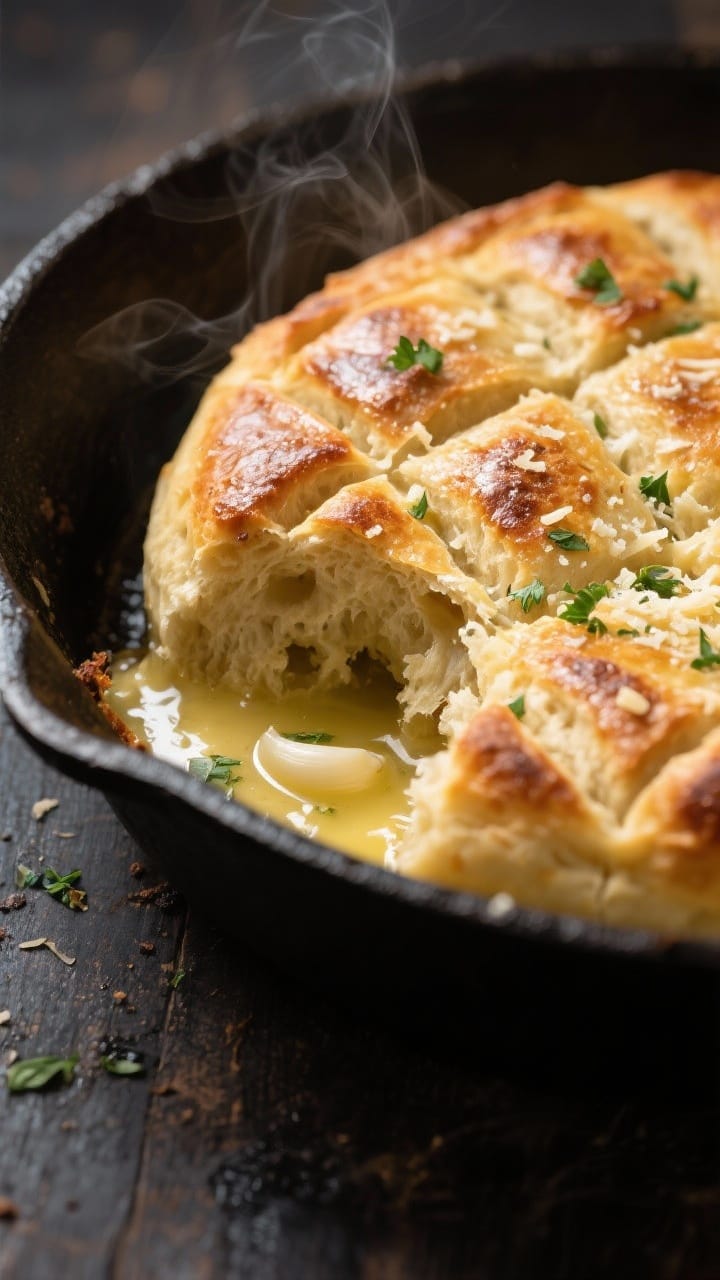 Close-up detail: Golden no-yeast garlic bread just out of the oven in a cast-iron skillet, surface s