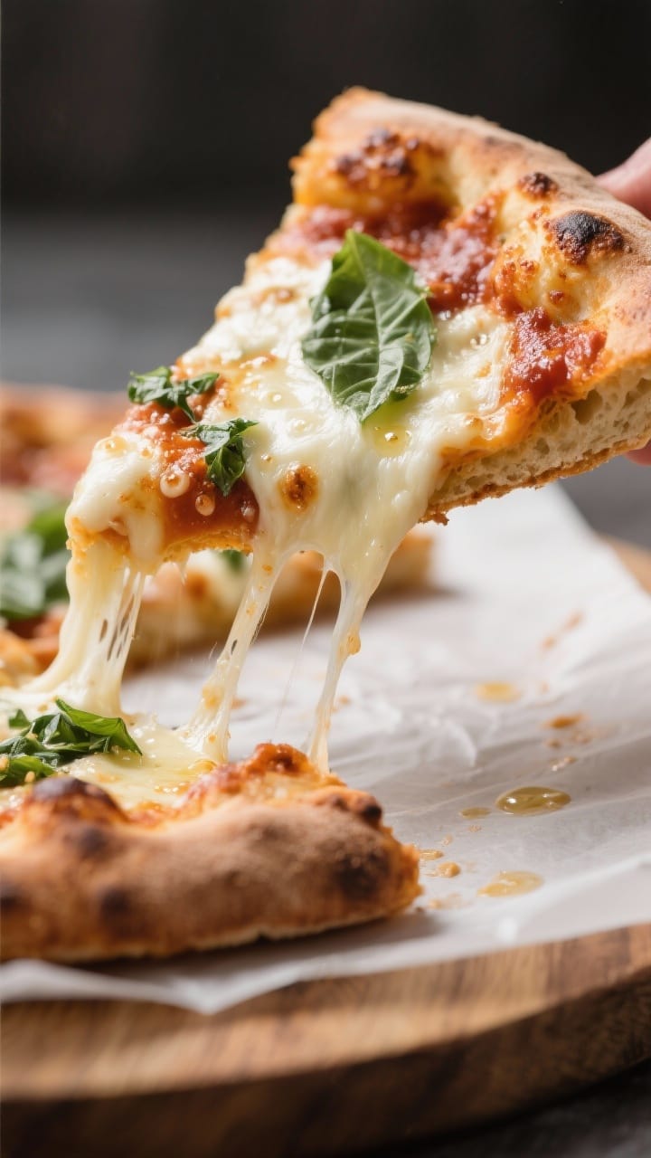 Close-up detail: Macro slice-lift of the baked no-yeast pizza showing the crisp, browned underside a